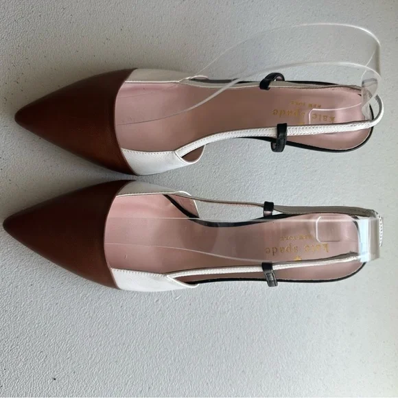 KateSpade Sabina pumps white brown leather with black and clear slingback straps - Picture 7 of 13